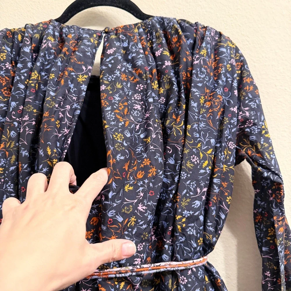 Elliette Tate Floral Silk‎ Mini Dress Womens 4 Navy Blue Rope Belted Bloomcore